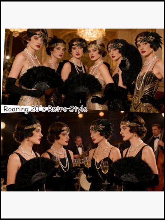 Flapper Accessories Set Headband Necklace Fan Gloves Great Gatsby Party